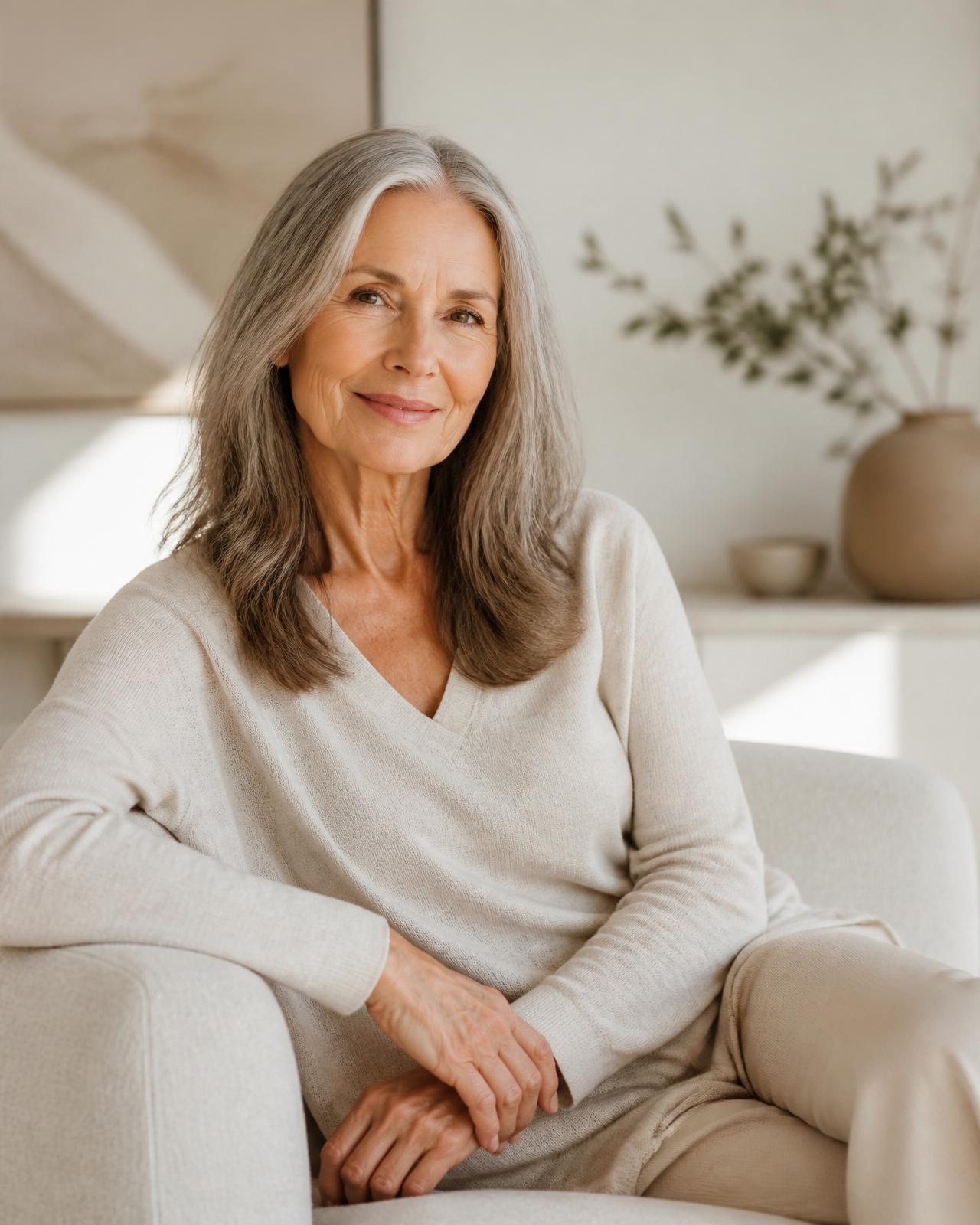 A calm woman in her 60s sitting in a bright, peaceful room